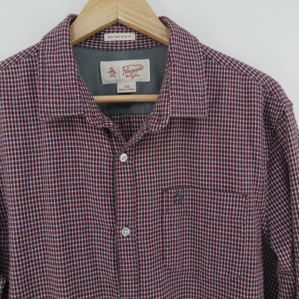 Original Penguin Button Down Shirt Mens Large Burgundy Heritage Slim Fit Flannel
